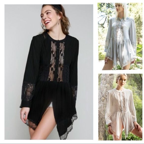 LACE Trim Top W/ China Collar & Shark-bite  Hem - Picture 2 of 10